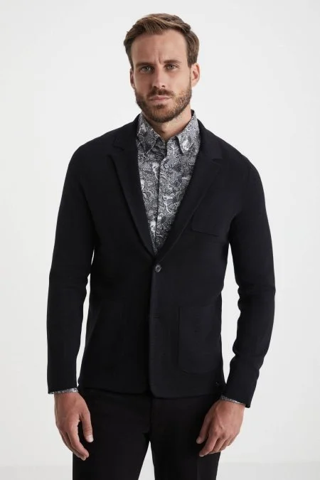 Siyah Extrafine Merino Triko Blazer Ceket