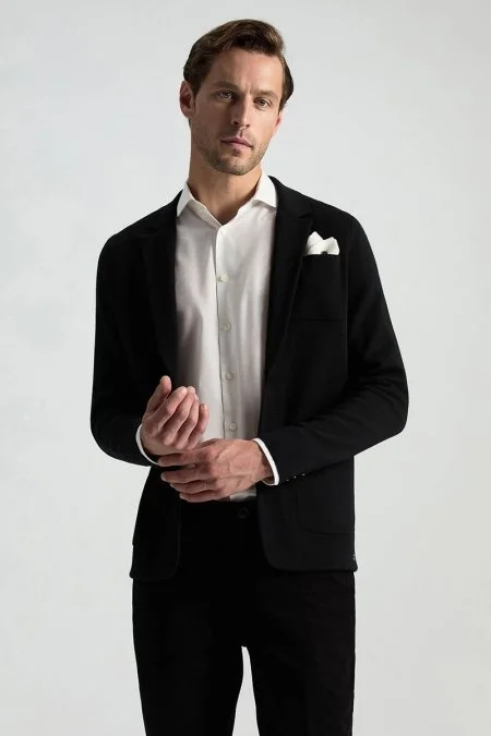Extrafine Merino Siyah Triko Blazer Ceket
