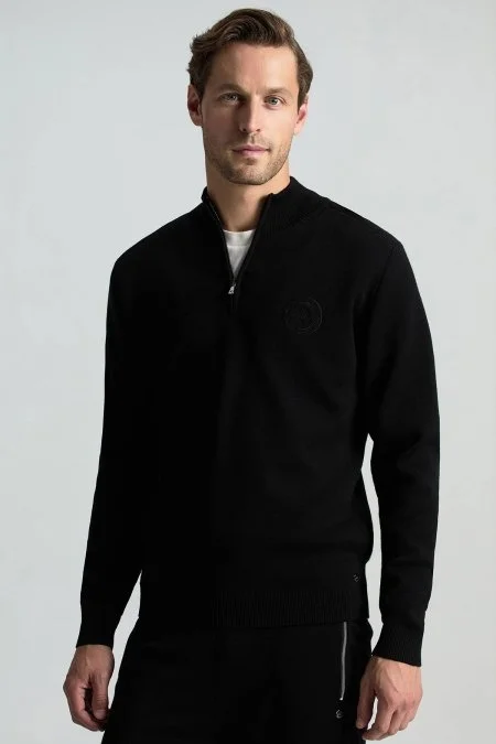 Siyah Fermuarlı Merino Yün Activewear Triko