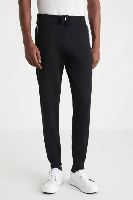 Siyah Merino Yün Activewear Şerit Detaylı Triko Pantolon