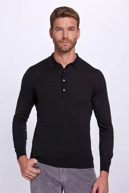 Polo Yaka Siyah Merino Yün Triko