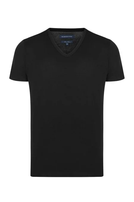 V Yaka Siyah Basic T-Shirt
