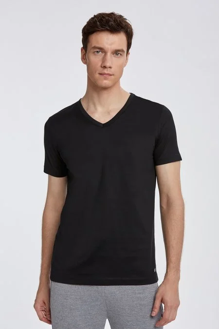 V Yaka Siyah Basic T-Shirt