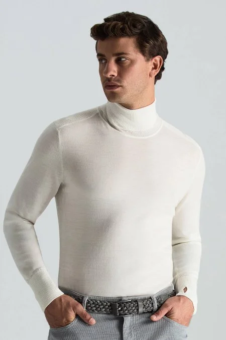 Slim Fit Beyaz Activewear Merino Yün Triko