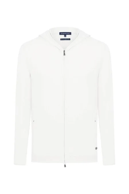 Slim Fit Beyaz Kapüşonlu İnce Hırka