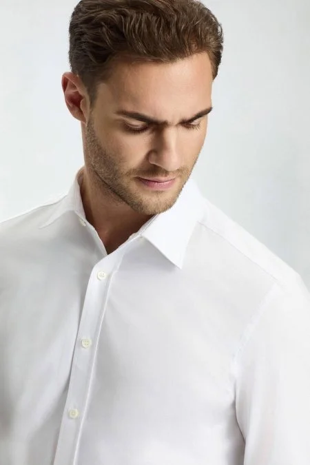 Slim Fit Gizli Düğme Beyaz Spor Gömlek
