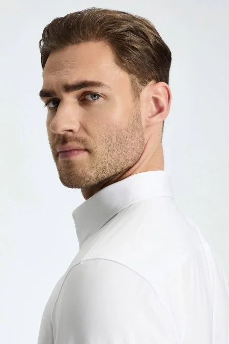 Slim Fit Gizli Düğme Beyaz Spor Gömlek