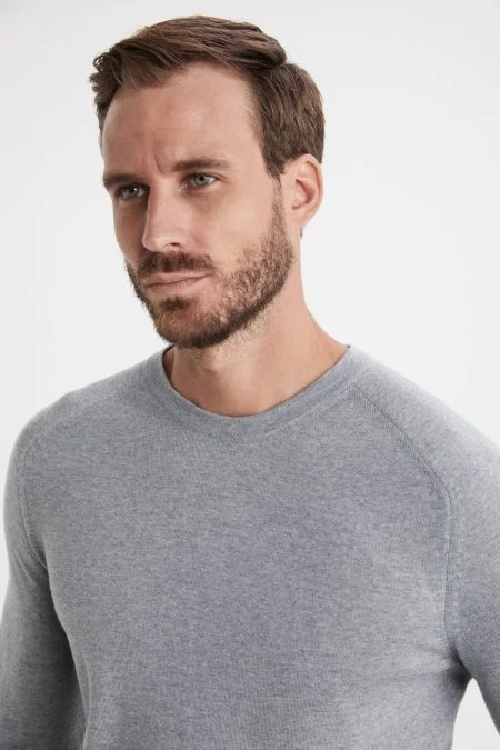 Extrafine Merino Açık Gri Bisiklet Yaka Triko