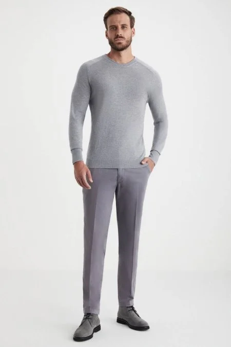 Extrafine Merino Açık Gri Bisiklet Yaka Triko