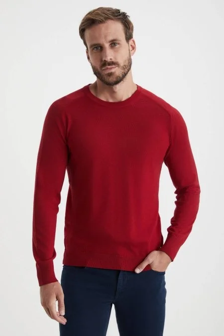 Slim Fit Bisiklet Yaka Kırmızı Merino Yün Triko