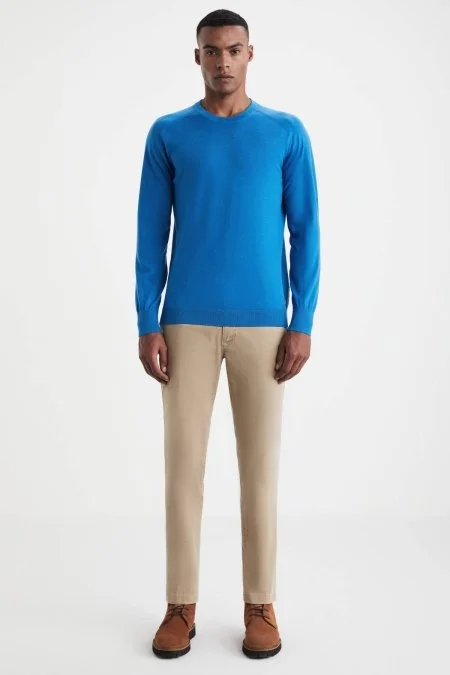 Extrafine Merino Mavi Bisiklet Yaka Triko