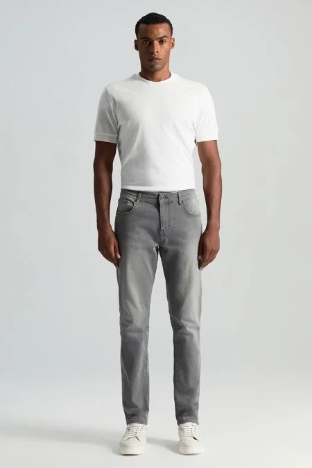 Saf Pamuk Slim Fit Gri Denim Pantolon