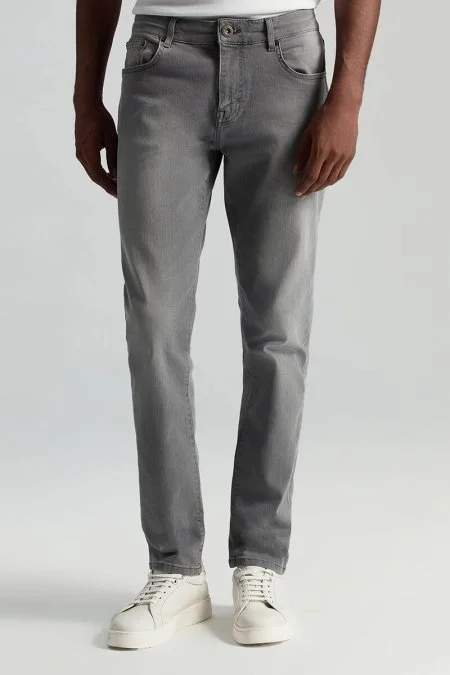 Saf Pamuk Slim Fit Gri Denim Pantolon