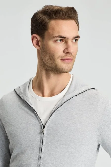 Slim Fit Gri Kapüşonlu İnce Hırka