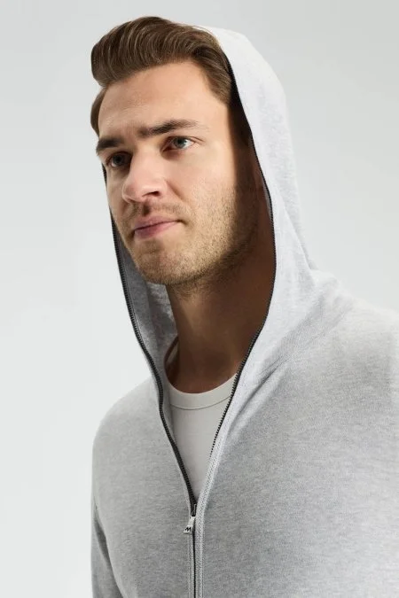 Slim Fit Gri Kapüşonlu İnce Hırka