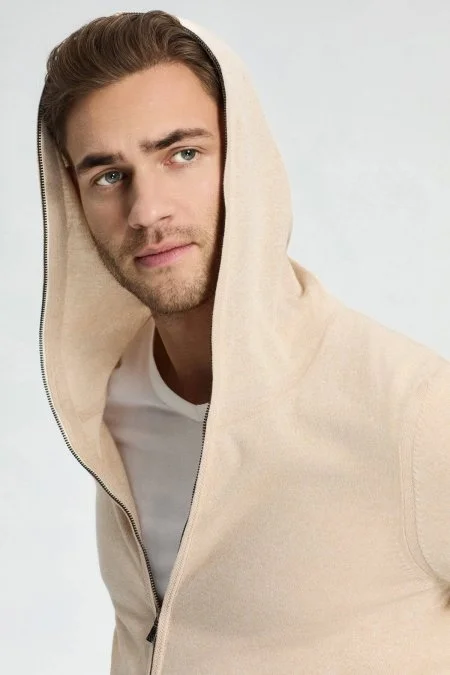 Slim Fit Kum Rengi Kapüşonlu İnce Hırka