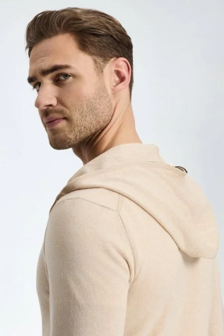 Slim Fit Kum Rengi Kapüşonlu İnce Hırka