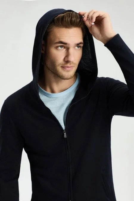 Slim Fit Lacivert Kapüşonlu İnce Hırka