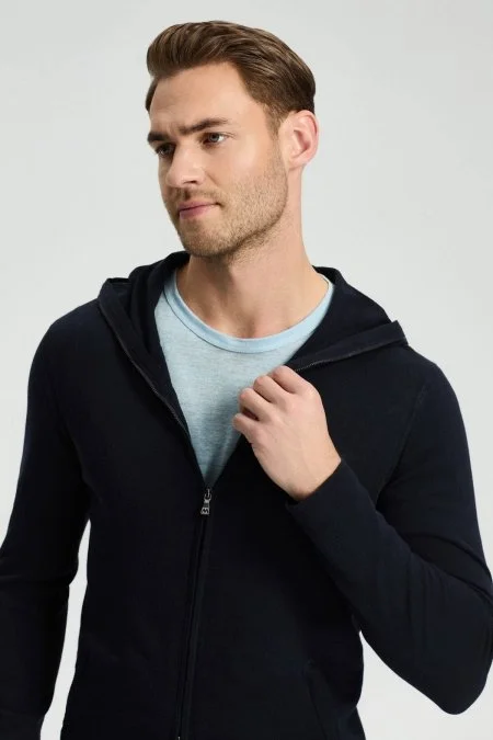 Slim Fit Lacivert Kapüşonlu İnce Hırka