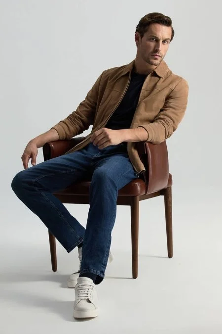 Saf Pamuk Slim Fit Lacivert Taşlanmış Denim Pantolon Saf Pamuk Slim Fit Lacivert Taşlanmış Denim Pantolon