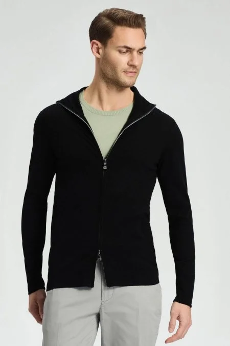 Slim Fit Siyah Kapüşonlu İnce Hırka