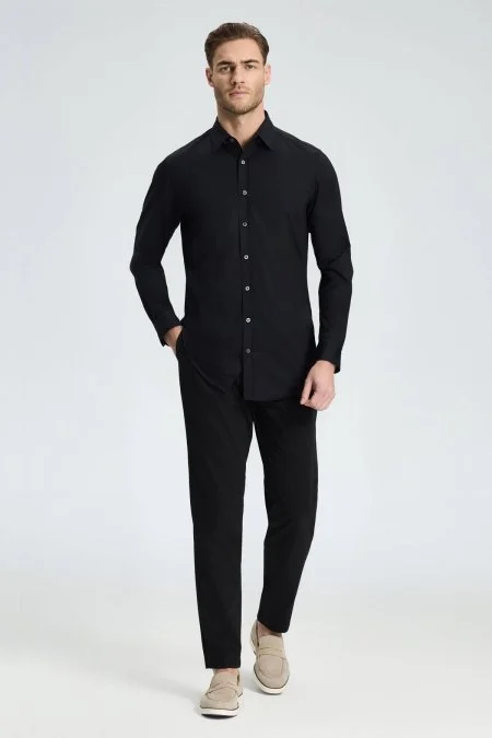 Slim Fit Gizli Düğme Siyah Spor Gömlek
