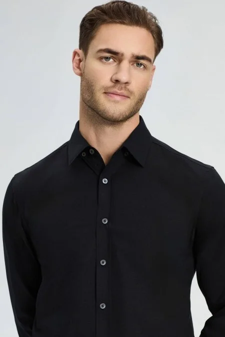 Slim Fit Gizli Düğme Siyah Spor Gömlek