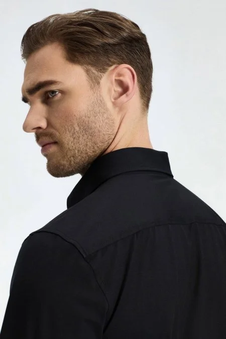 Slim Fit Gizli Düğme Siyah Spor Gömlek