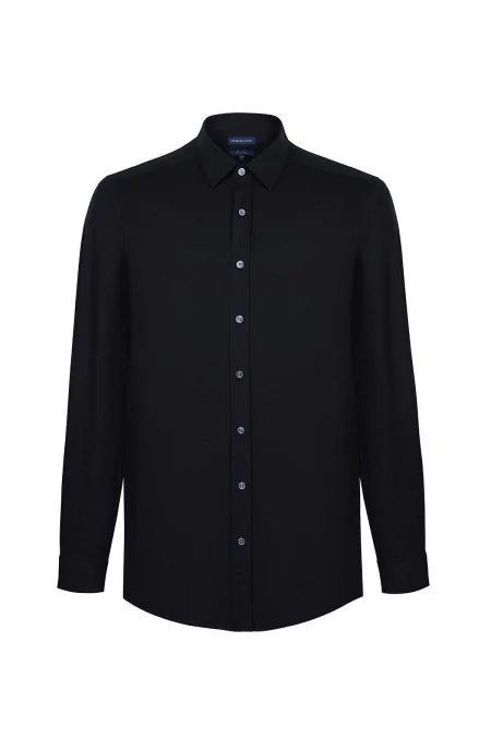 Slim Fit Gizli Düğme Siyah Spor Gömlek