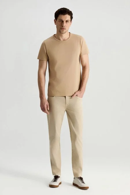 Superfine Pamuk Bisiklet Yaka Kum Rengi Basic T-Shirt