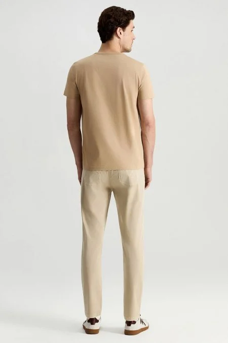 Superfine Pamuk Bisiklet Yaka Kum Rengi Basic T-Shirt