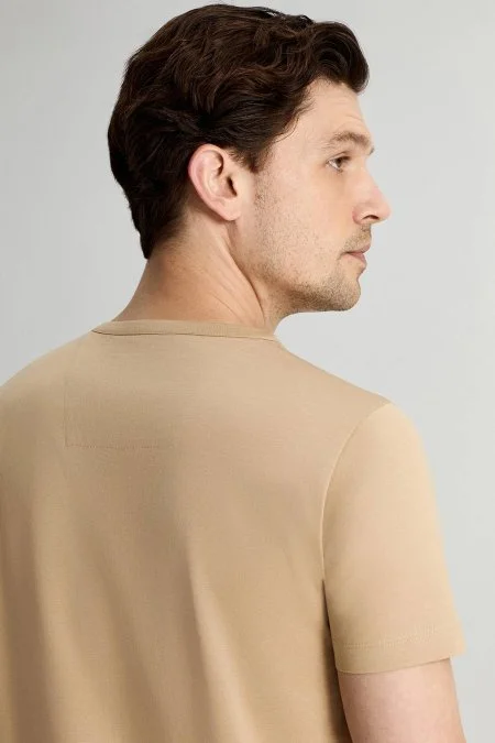 Superfine Pamuk Bisiklet Yaka Kum Rengi Basic T-Shirt