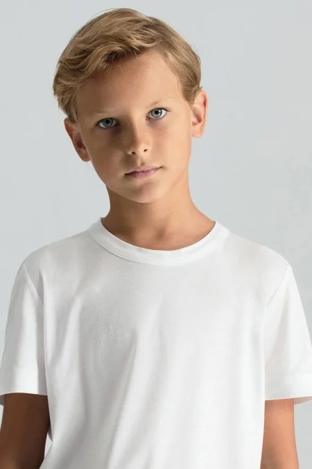 Supima Pamuk Bisiklet Yaka Tencel Beyaz Çocuk T-Shirt