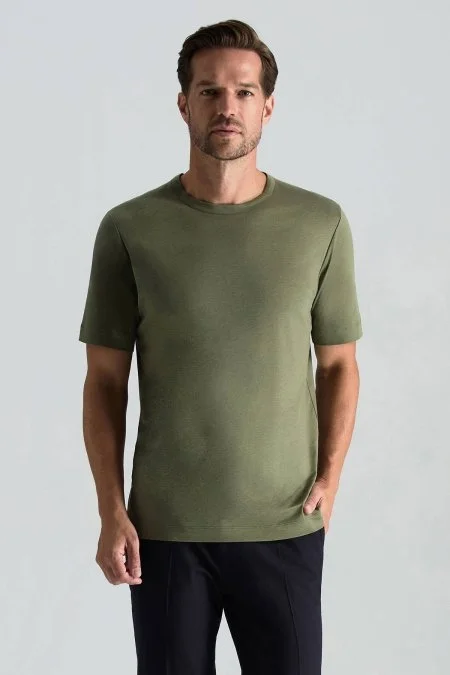 Supima Pamuk Bisiklet Yaka Tencel Haki T-Shirt