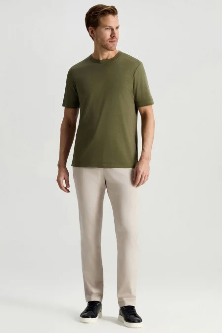 Supima Pamuk Bisiklet Yaka Tencel Haki T-Shirt