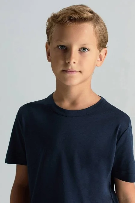 Supima Pamuk Bisiklet Yaka Tencel Lacivert Çocuk T-Shirt