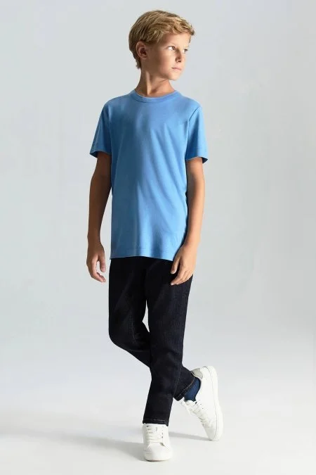 Supima Pamuk Bisiklet Yaka Tencel Mavi Çocuk T-Shirt