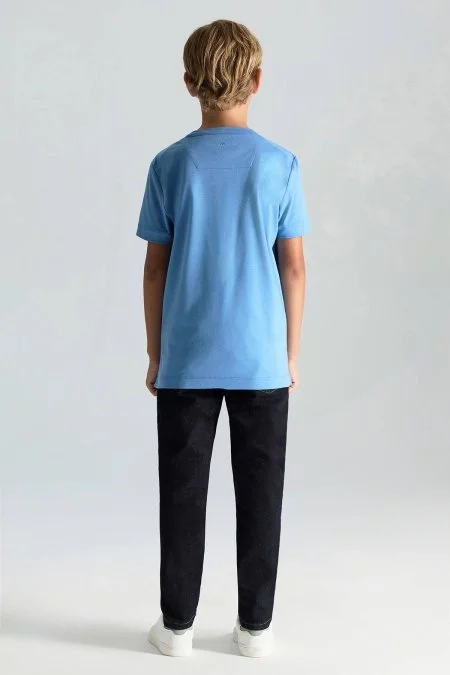 Supima Pamuk Bisiklet Yaka Tencel Mavi Çocuk T-Shirt