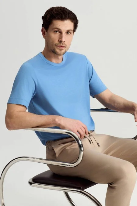 Supima Pamuk Bisiklet Yaka Tencel Mavi T-Shirt