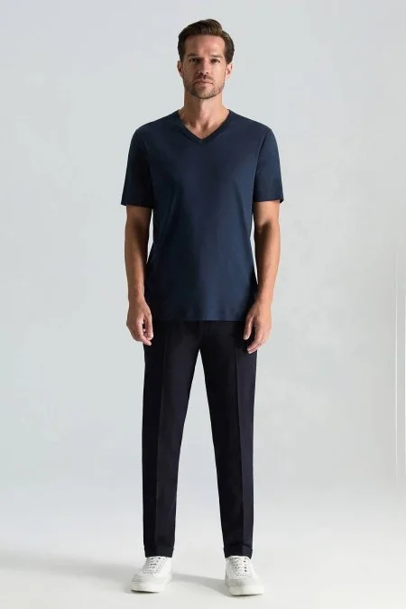 Supima Pamuk V Yaka Tencel Lacivert T-Shirt