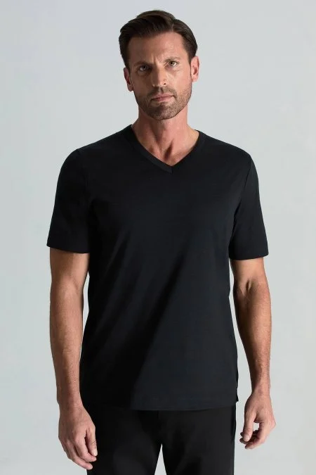 Supima Pamuk V Yaka Tencel Siyah T-Shirt