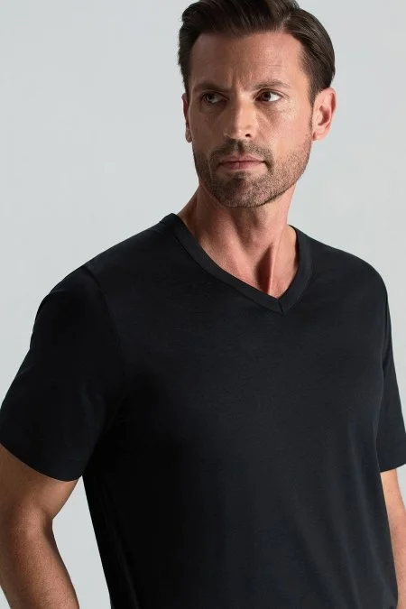 Supima Pamuk V Yaka Tencel Siyah T-Shirt