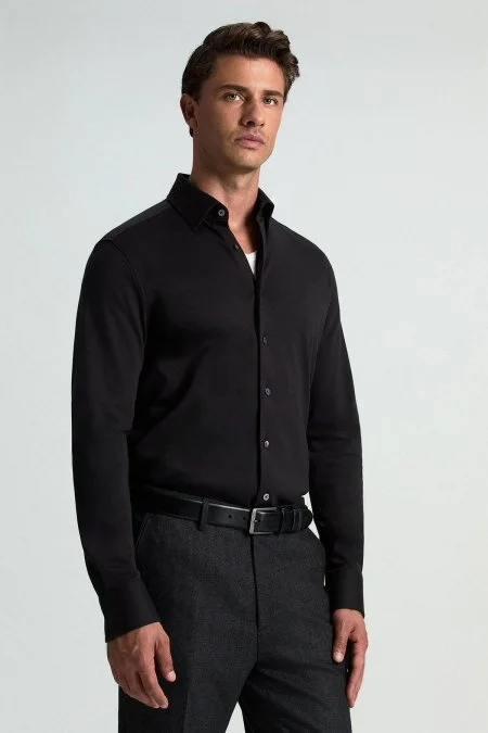 Supima Pamuk Gizli Düğme Siyah Business Gömlek