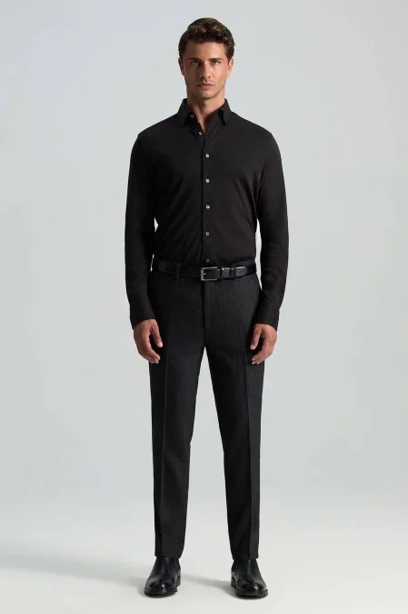 Supima Pamuk Gizli Düğme Siyah Business Gömlek
