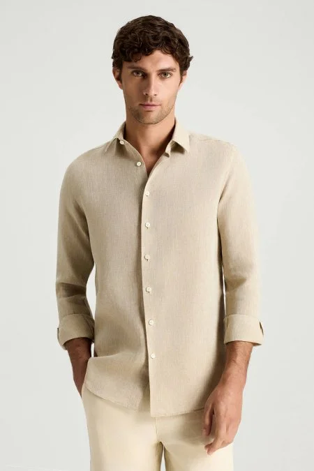 Taş Rengi Saf Keten Spor Gömlek