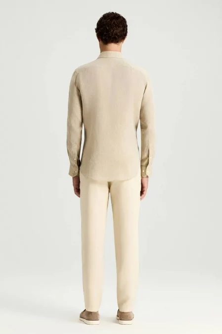 Taş Rengi Saf Keten Spor Gömlek