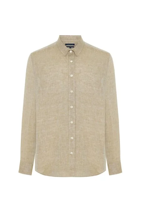 Taş Rengi Saf Keten Spor Gömlek