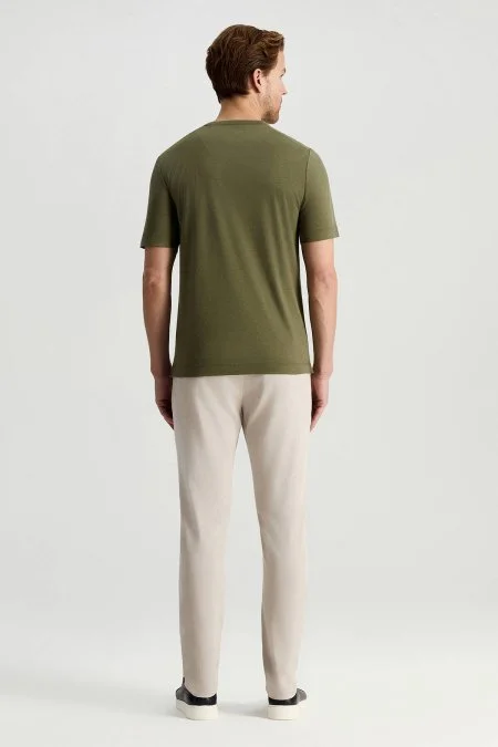 Supima Pamuk Bisiklet Yaka Tencel Haki T-Shirt