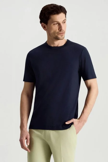 Supima Pamuk Bisiklet Yaka Tencel Lacivert T-Shirt