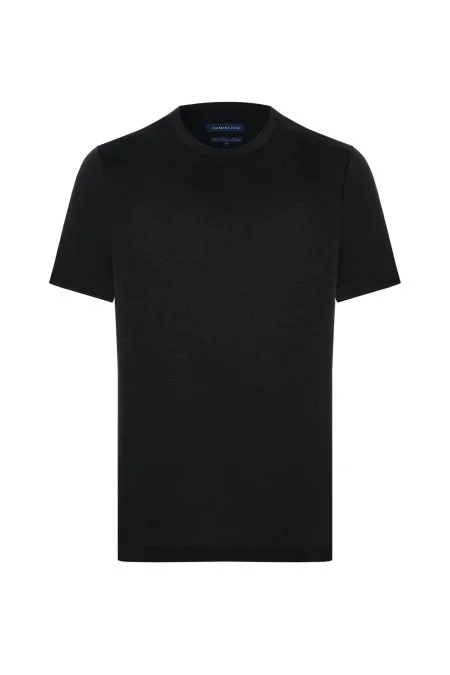 Supima Pamuk Bisiklet Yaka Tencel Siyah T-Shirt